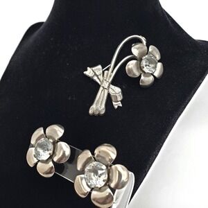 Flower Power Brooch Screw Back Earrings Blue Glass Stones Pin Silver Tone Vtg